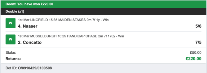 Billy's Bets - Winner - 01/03/2023